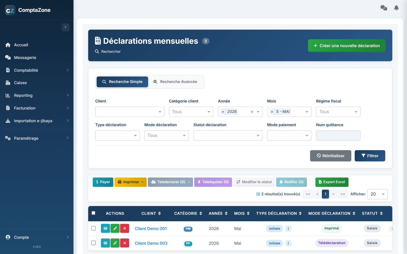 Liste des déclarations mensuelles dans ComptaZone avec actions de télédéclaration et téléliquidation de masse sur e-jibaya